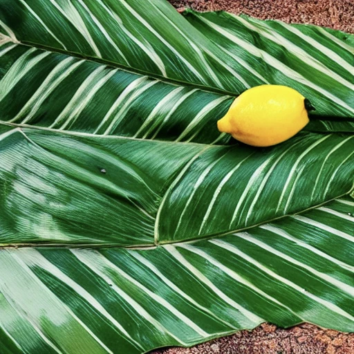 A big banana leaf with lemons in front of it