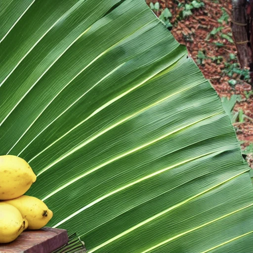 A big banana leaf with lemons in front of it