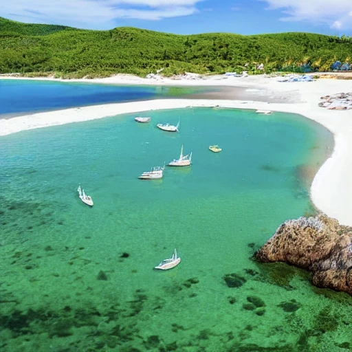 Beautiful beach with green transparent water and white sand and small boats