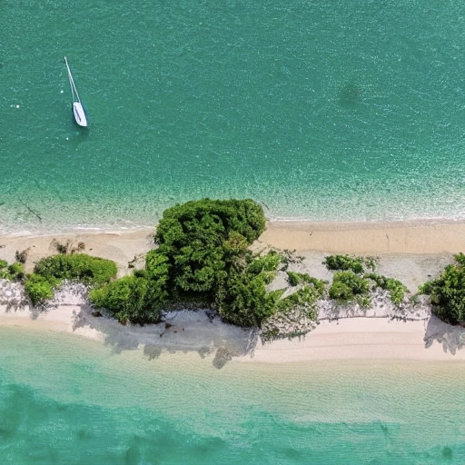 Beautiful beach with green transparent water and white sand and small boats