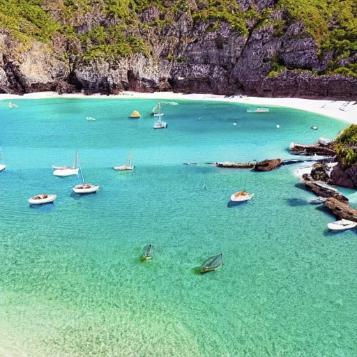 Beautiful beach with green transparent water and white sand and small boats
