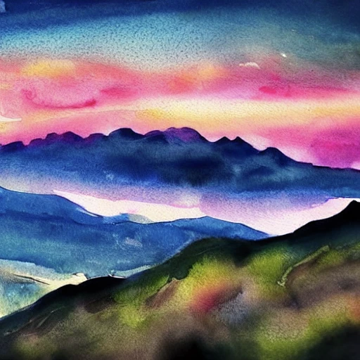 Sunset sky with pink clouds, view from the top of a mountain, water color style