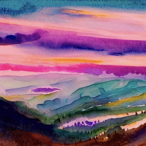 Sunset sky with pink clouds, view from the top of a mountain, water color style