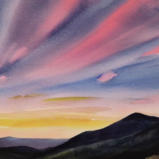 Sunset sky with pink clouds, view from the top of a mountain, water color style