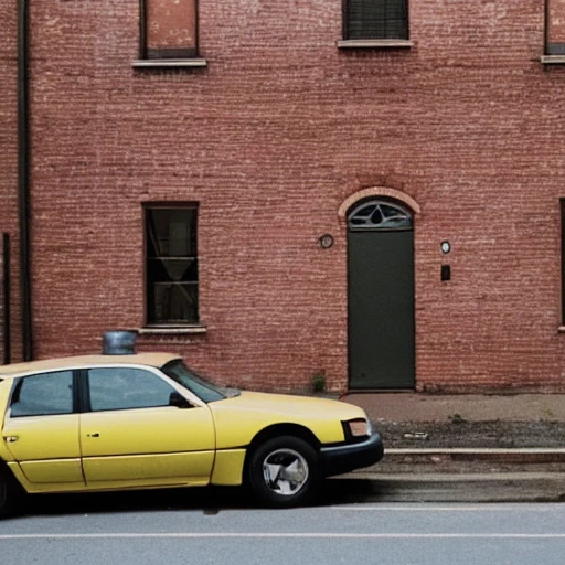 Red brick wall with a yellow car from the 90s in front of it