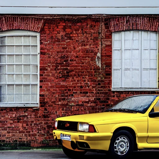 Red brick wall with a yellow car from the 90s in front of it