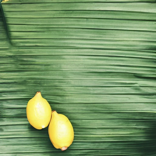 A big banana leaf with lemons in front of it A big banana leaf with lemons in front of it