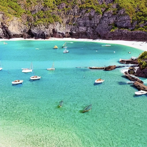 Beautiful beach with green transparent water and white sand and small boats Beautiful beach with green transparent water and white sand and small boats