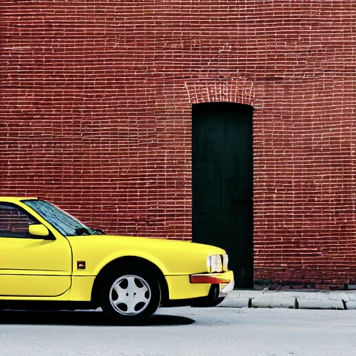 Red brick wall with a yellow car from the 90s in front of it Red brick wall with a yellow car from the 90s in front of it